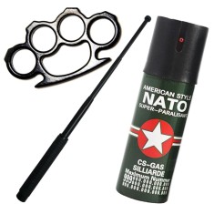 Kit autoaparare baston telescopic din otel, 64 cm, 4 sectiuni, box si spray paralizant Nato