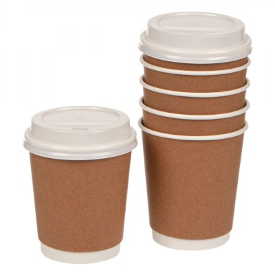 Pahare Carton, Model Kraft, Set 10 Bucăți, Capacități 300ml, Capace Plastic Albe foto