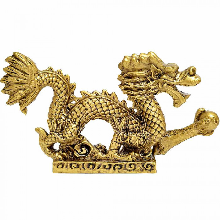 Dragon norocos feng shui cu perla nemuririi pentru bogatie, statueta auriu 14 cm