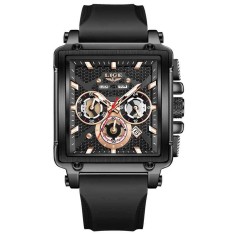 LIGE 89217 Ceas Barbati Quartz, Square Design, Silicon Strap, Luminous, Calendar, Waterproof 3ATM, Sport Casual