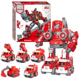 Robot Transformer DIY in 5 Masini de Pompieri, Linomag&reg;, Camion cu macara, Excavator, Platforma lucru la inaltime, Tanc de apa, Camion de stropire, Su