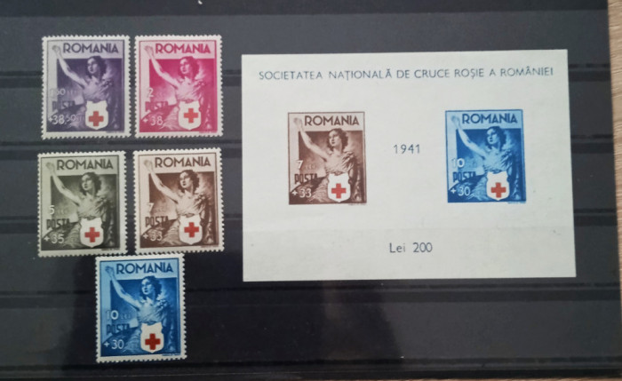 1941 CRUCEA ROSIE SERIE DE 5 VALORI + COLITA Nr.16 CU SUPRATAXA NESTAMPILATE