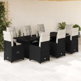 Set bistro de grădină, 9 piese, cu perne, negru, poliratan