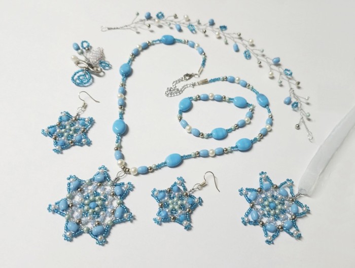 Set albastru Fulgi de nea si stelute unicat, evenimente, lucrat manual