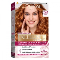 Vopsea de par permanenta Excellence Creme 7.43 Blond Aramiu, 192ml, L&#039;Oreal Paris
