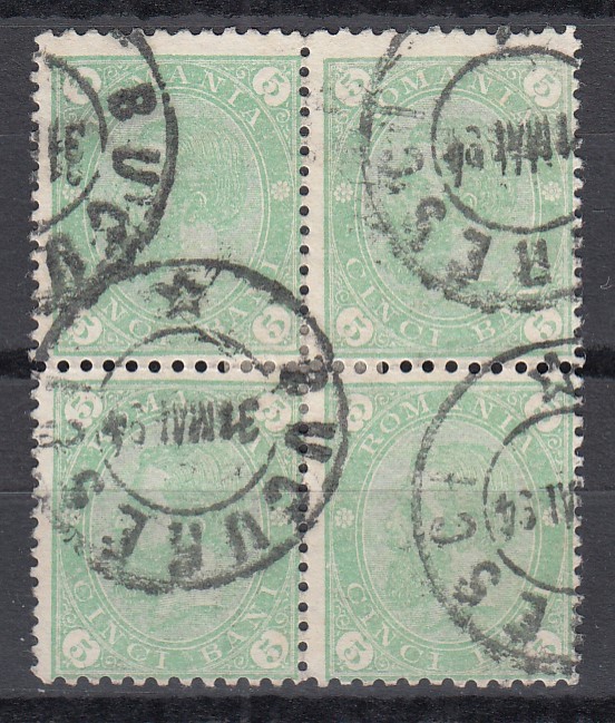 ROMANIA 1894 LP 49 b CAROL I CIFRA IN 4 COLTURI FILIGRAN PR BLOC DE 4 STAMPILAT