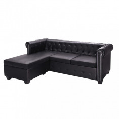 Canapea Chesterfield în forma de L, piele artificiala, negru GartenMobel Dekor