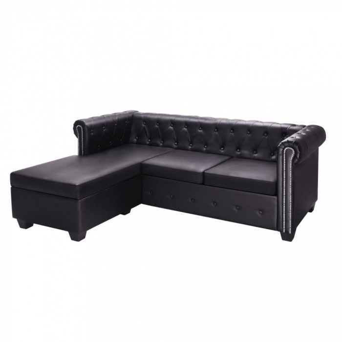 Canapea Chesterfield &icirc;n forma de L, piele artificiala, negru GartenMobel Dekor