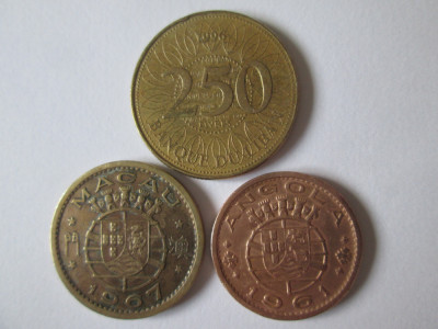 Lot 3 monede Liban/Macau/Angola:250 Livres 1996/10 Avos 1967/50 Centavos 1963 foto