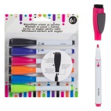 Set Markere Whiteboard, 6 Buc, V&acirc;rf Subțire, Burete &Icirc;ncorporat, Magnet, Multicolor