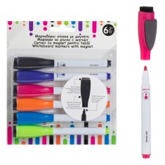 Set Markere Whiteboard, 6 Buc, V&acirc;rf Subțire, Burete &Icirc;ncorporat, Magnet, Multicolor