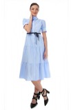Cumpara ieftin Rochie Midi Albastra Tip Camasa T&#039;esha, Bumbac, Maneca Scurta, Cordon Dantela Neagra, Marimea 40