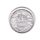 Moneda Elvetia 1/2 franc 1965, stare foarte buna, curata, Europa, Argint
