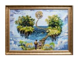 Cumpara ieftin Tablou suprarealist pictat manual inramat, Scara cunoasterii, 80x60cm ulei pe panza, rama din lemn, Stefan Bilibou, certificat de autenticitate