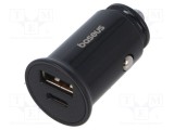 BASEUS Alimentator USB auto 12-24V cu USB A și USB C soclu, negru