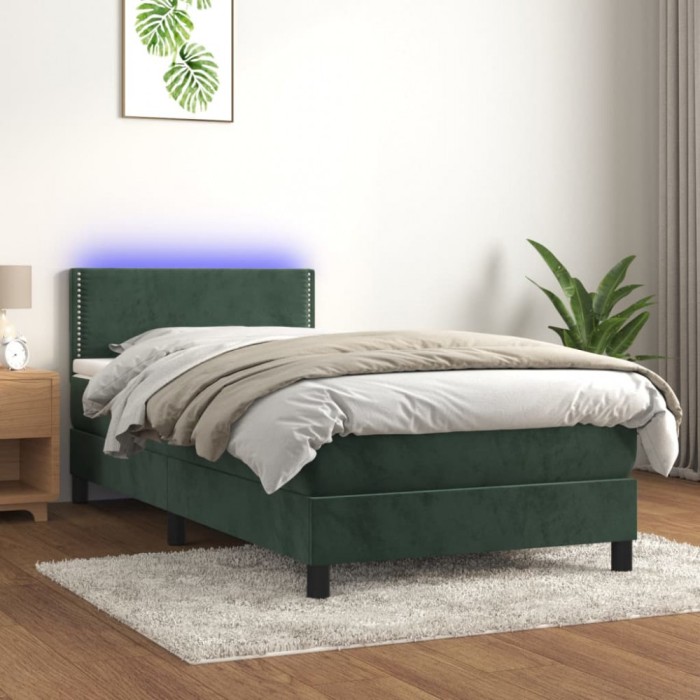 vidaXL Pat continental cu saltea și LED verde &icirc;nchis 80x200 cm catifea 3134312