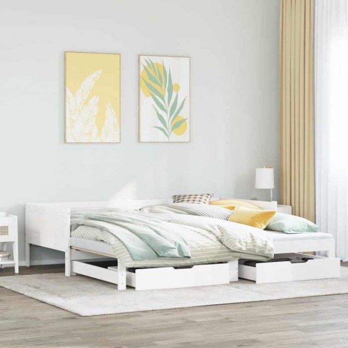 Pat de zi cu extensie și sertare fără saltea, alb, 80x200 cm