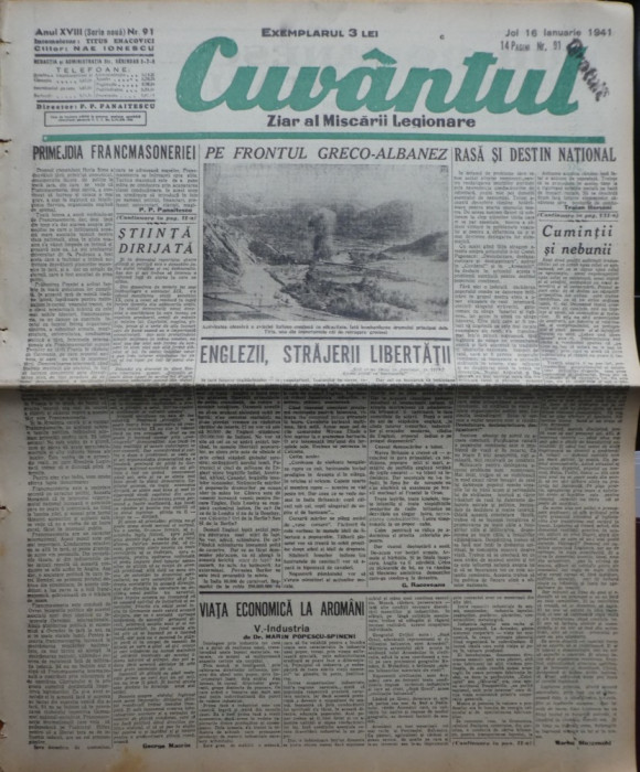 Cuvantul , ziar al miscarii legionare , 16 ianuarie 1941 , nr. 91