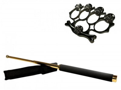 Set baston telescopic 65 cm auriu + box-rozeta craniu negru foto