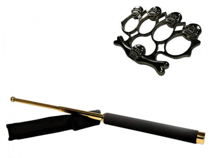 Set baston telescopic 65 cm auriu + box-rozeta craniu negru