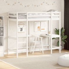 Cadru pat supraetajat cu birou, alb, 75x190 cm, lemn masiv pin