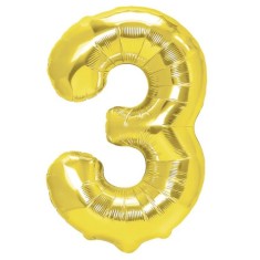 Balon din Folie Metalizata, Figurina Cifra, Tema Aniversare 80 cm, Ambalaj Individual, Pai inclus, Umflare cu Aer sau Heliu, Auriu, Cifra 3 foto