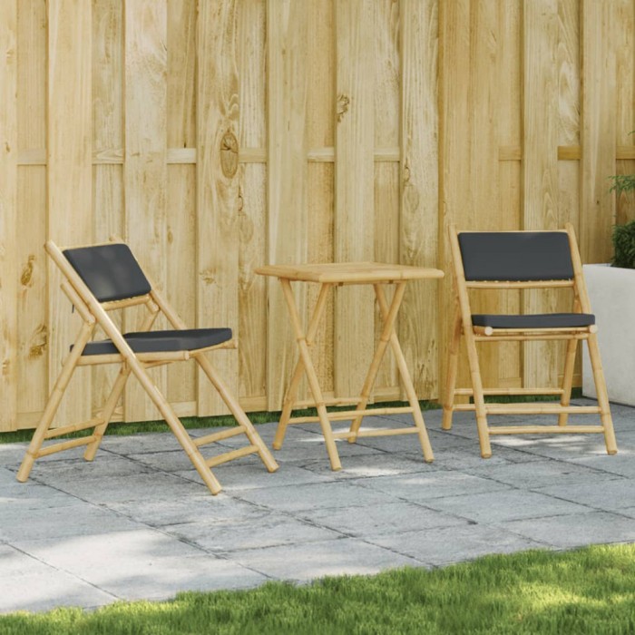 Gossi set de bistro pliabil, 3 piese, cu perne gri inchis, bambus