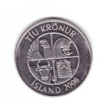 Moneda Islanda 10 kronur 2008, stare foarte buna, cu luciu, curata, Europa, Fier