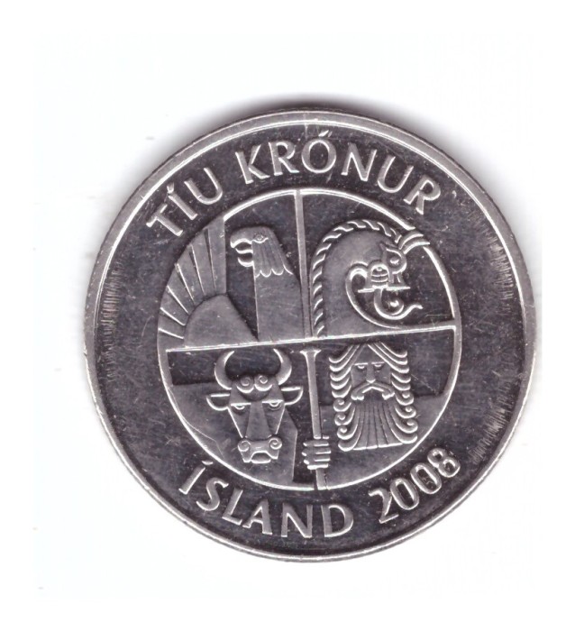 Moneda Islanda 10 kronur 2008, stare foarte buna, cu luciu, curata