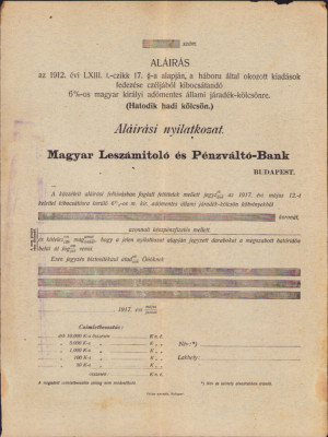 HST A1373 Formular subscriere 1912 Hatodik hadi kolcson foto