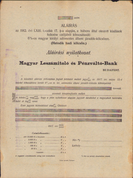 HST A1373 Formular subscriere 1912 Hatodik hadi kolcson