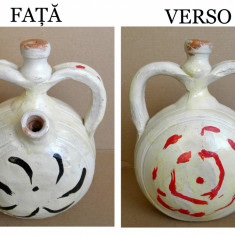 Ulcior cu 2 toarte din ceramica vintage, cu decoratiuni traditionale stilizate