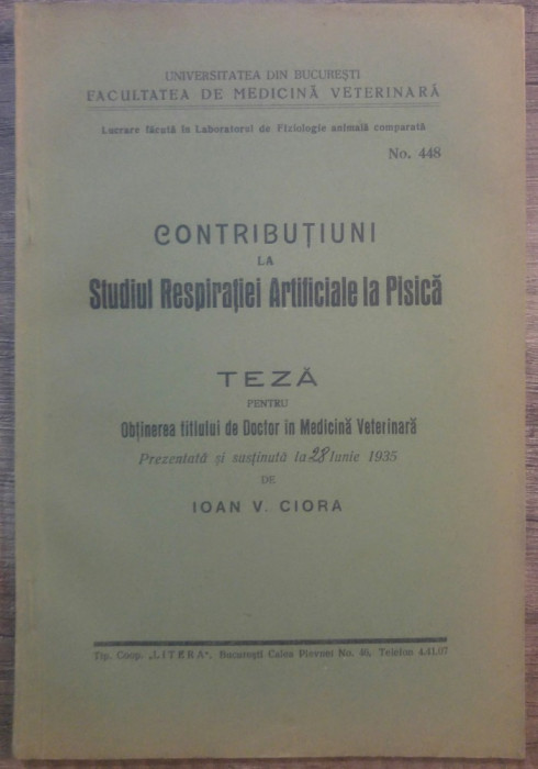 Studiul respiratiei artificiale la pisica/ 1935