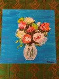 TABLOU PE PANZA CU SASIU NOU 50X50 CM VAS CU FLORI ACRILIC PRET 100 LEI NEGOCIABIL