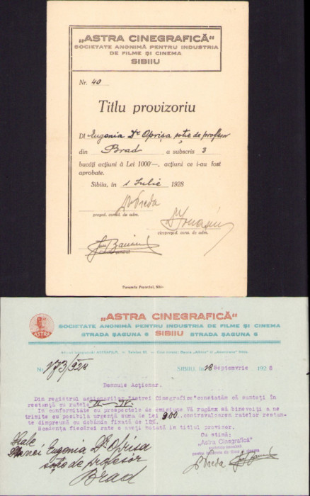 HST A1368 Titlu provizoriu 3 acțiuni ASTRA Cinegrafică 1928 Eugenia Oprișa Brad