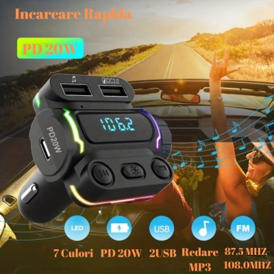 Modulator FM, bluetooth 5.0, incarcator auto cu incarcare rapida, USB 3.0, Type C20 W, MP3 Player, 7 culori, Negru foto
