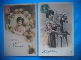 HOPCT 1700 FEMEI..FEMEI-TCV-ROMANTICA-FRANTA-LOT 2 CARTI POSTALE VECHI-CIRCULATE