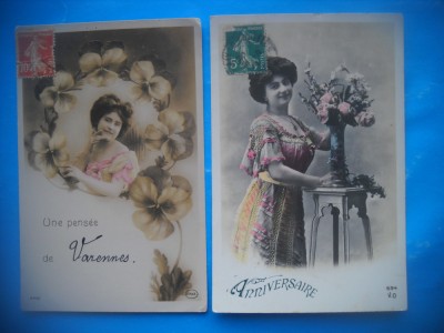 HOPCT 1700 FEMEI..FEMEI-TCV-ROMANTICA-FRANTA-LOT 2 CARTI POSTALE VECHI-CIRCULATE foto