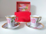 Set 2 cesti cafea + farfurioara - portelan fin YAMASEN Japan, placate cu aur