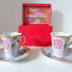 Set 2 cesti cafea + farfurioara - portelan fin YAMASEN Japan, placate cu aur