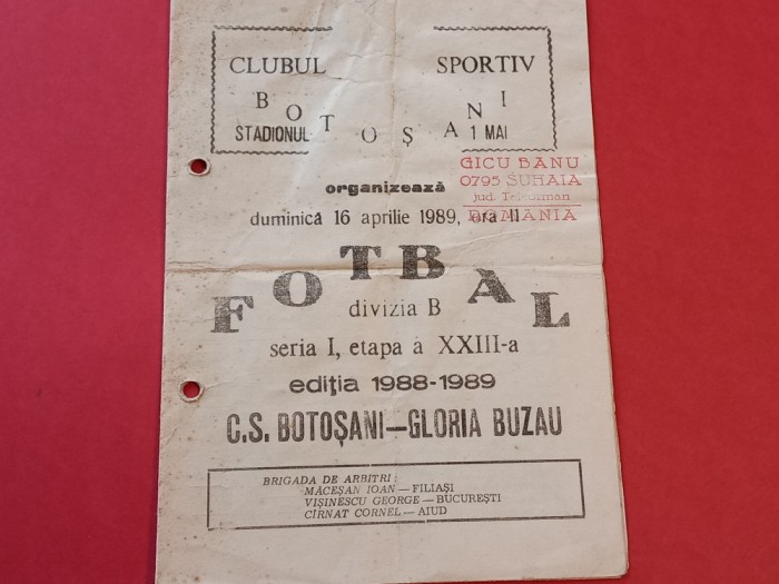 Program meci fotbal CS BOTOSANI - GLORIA BUZAU (16.04.1989)