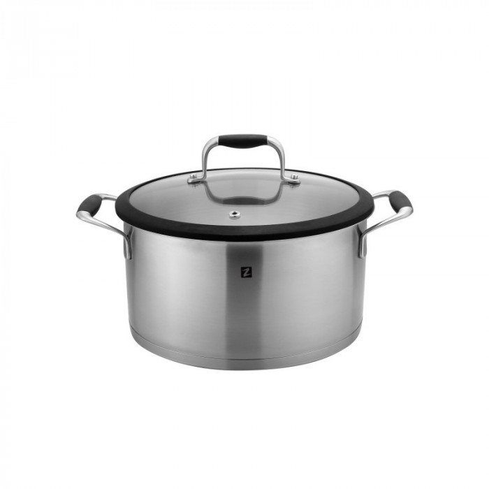 Cratita Zokura, diametru 22 cm, 4.1 l, interior gradat, capac sticla, mamere din silicon, finisaj satinat, inductie, inox, Argintiu