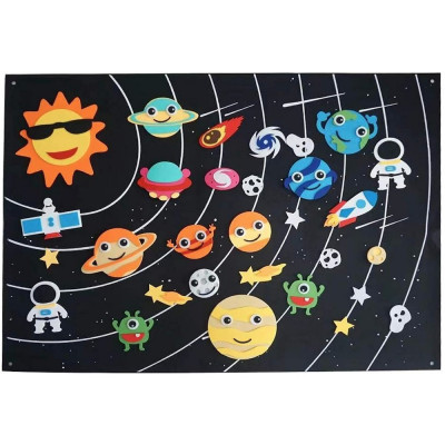 Plansa de activitati pentru copii, fetru, 104 x 75 cm, 32 piese tematice, sistemul solar foto