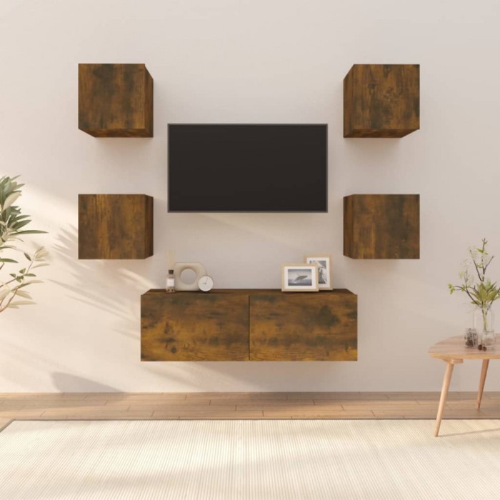 vidaXL Set dulap TV montat pe perete, stejar afumat, lemn prelucrat 3120302