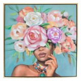 Tablou Ulei, Model Femeie cu Flori, Ramă Auriu, Detalii 3D, 60x60x3cm, Oem