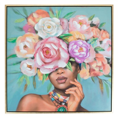 Tablou Ulei, Model Femeie cu Flori, Ramă Auriu, Detalii 3D, 60x60x3cm foto