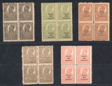 ROMANIA Ziaristi 1920 seria de bază 5 timbre blocuri de 4 MNH, cu doua 50 Bani erori filigran linie albă