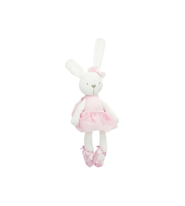 Jucarie de plus moale model iepuras cu rochita, alb si roz 42 cm