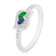 Inel din argint 925, zirconiu albastru și verde în formă de bob în contur transparent, placat cu rodiu - Marime inel: 49