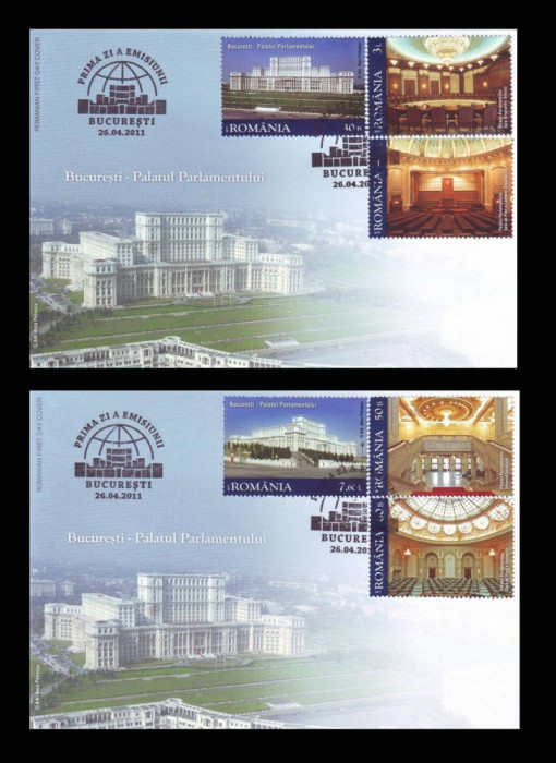 2011 Romania, 2 FDC Palatul Parlamentului LP 1898, plicuri prima zi